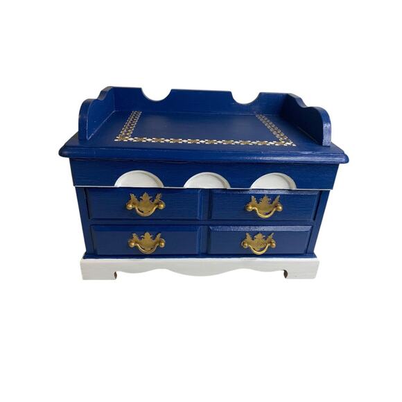 Tabletop Jewelry Box Bright Navy White Goldtone 8"h x 11"l x 6.5"d - Picture 2 of 7